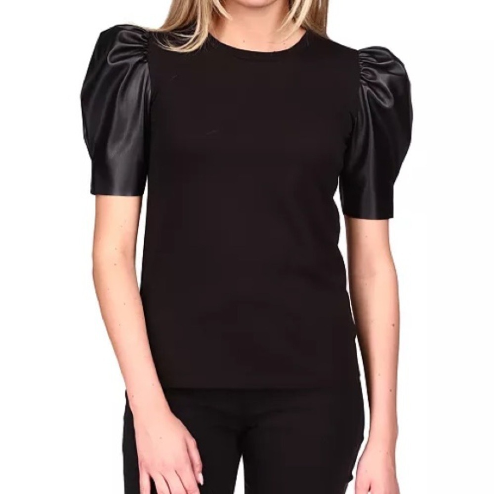Michael Kors Black Puff Sleeve Top Faux Leather Mixed Media XL